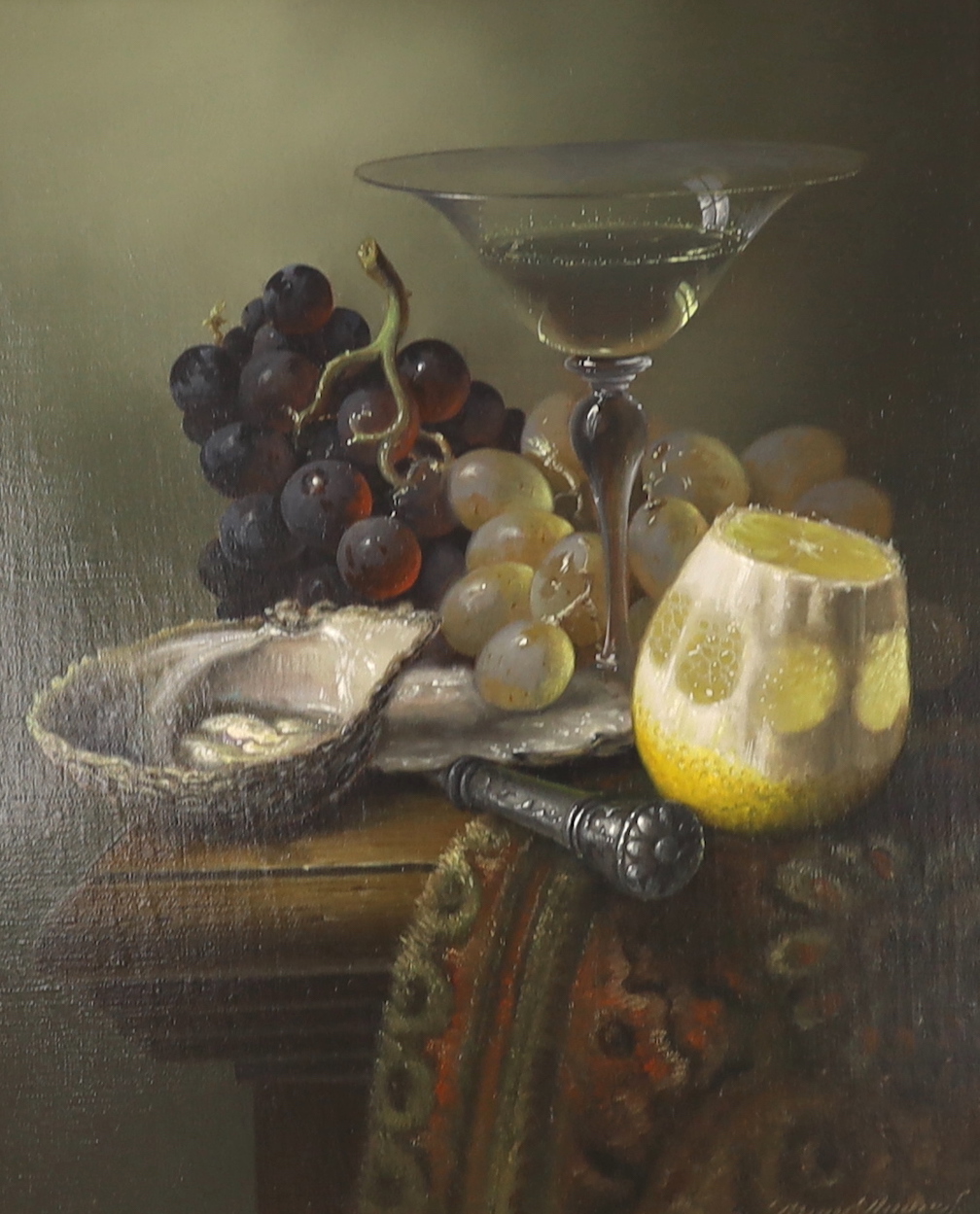 Brian Davies (1942-2014), 17th century Dutch style oil on canvas, Still life of grapes and oysters, signed, 29 x 34cm